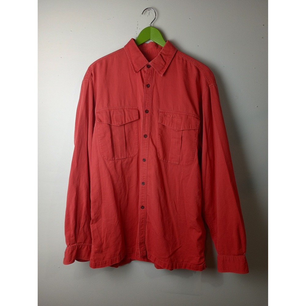 Simms Mens Large Red Cotton Micro-Grid Long Sleeve Fishing Button Down Shirt